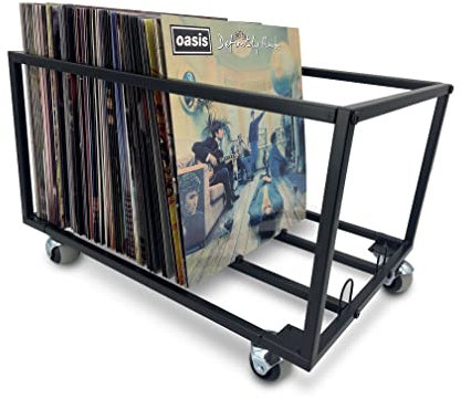 Vinyl Record Storage Holder With Wheels - Holds up to 100 LP - Album Holder Display Stand - Vinyl Record LP Storage organizer - Sturdy Metal Structure - Smooth Black