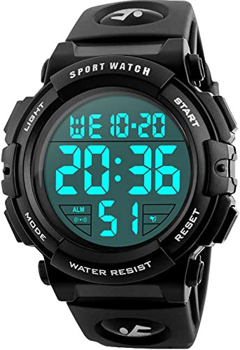 kieyeeno Herren Digital Sport Uhren, 50M Wasserdicht Sport Outdoor Armbanduhr mit LED Licht, Alarm, Kalender, Stoppuhr, 12/24 Stunden Duale Zeitzone (Schwarz)