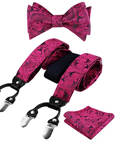 Alizeal Set da uomo con papillon da annodare e regolabile, motivo floreale Paisley, fazzoletto quadrato e bretelle con 6 clip elastiche a Y, Rosa acceso, Taglia unica