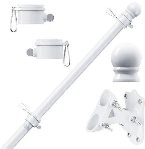 PHITRIC Kit de mât de drapeau de 1,8 m, sans nœuds, résistant aux intempéries, en acier inoxydable blanc avec base pour drapeau de jardin lourd de 9,6 x 15,2 cm, mât de drapeau de 2,5 cm de diamètre