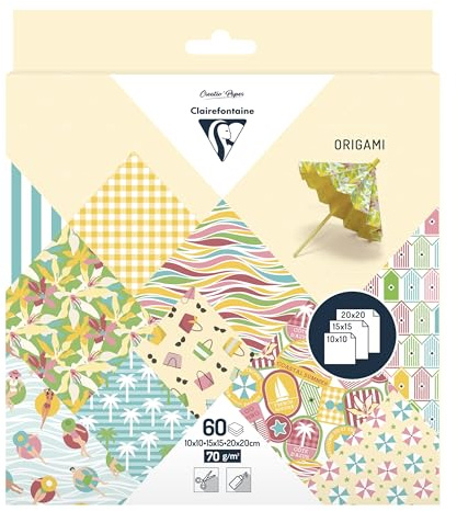 Clairefontaine - Papier Origami 60 Feuilles Motifs French Riviera 3 Formats : 10x10cm, 15x15cm, 20x20cm - 70g - 10 Motifs Colorés Assortis (2 Feuilles par Format) - Loisirs Créatifs Adultes - 95384C