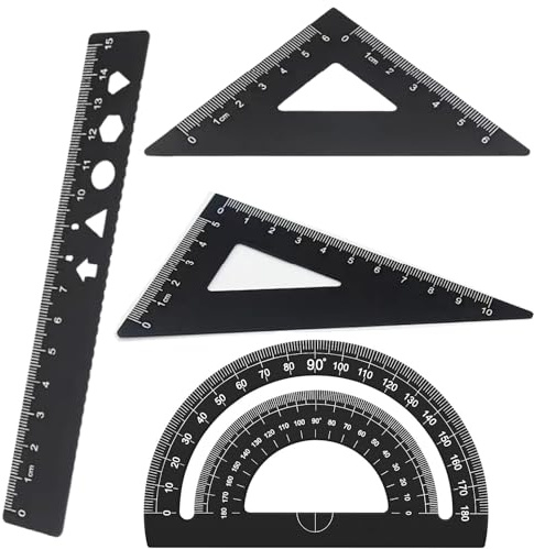 Righello Metallo,4 pezzi Righelli in Lega Matematica,Scala Righello,con righello da 15 cm,goniometro e 2 pezzi Triangolare Scala Righello,per studenti,insegnanti,architetti,ingegneri (nero)