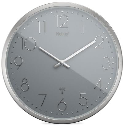 Mebus Funkwanduhr TinyTime | Wanduhr ohne Tickgeräusche | Durchmesser 25 cm | Modernes Zifferblatt in Grau | Silbernes Gehäuse