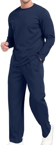 KUYIGO Conjunto de entrenamiento para hombre con cuello redondo, conjunto de 2 piezas, sudadera de manga larga, conjunto de entrenamiento, sudadera y pantalón de chándal, top acolchado, pantalones