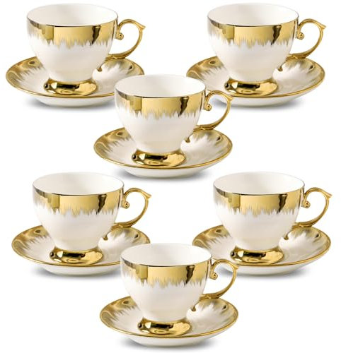LETAOTAO Tea Cups and Saucers Set of 6, 7 oz Ceramic Turkish Coffee Cup With Gold Trim for Cappuccino, Latte, Mocha, Au Lait, Double Espresso, White