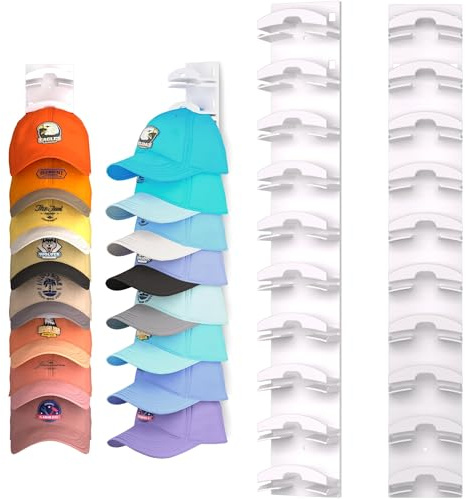 Gocvo Set di 2 supporti per cappellini autoadesivi, per fino a 20 cappelli, senza foratura, supporto da parete per cappellini da baseball, per camera da letto, porta, armadio, colore: bianco