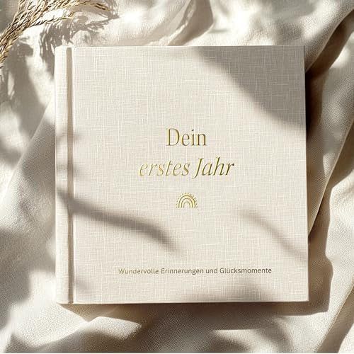 MeinBaby123® Babyalbum Dein erstes Jahr hochwertig vergoldet mit 136 Ausfüllseiten | Geschenk zur Geburt, Babygeschenke, | Babytagebuch zum ausfüllen für Meilensteine im 1. Lebensjahr (leinen beige)