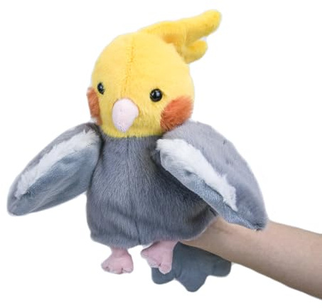 RLOMUTE Marionnette à Main en Peluche en Forme de Perroquet Jouet Animal Calopsitte Amusant pour Jeu de rôle Cadeaux d'anniversaire pour Enfants garçons et Filles Jeux interactifs Gris