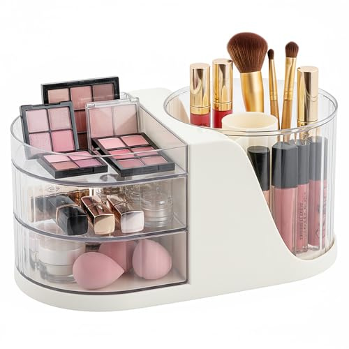 Astralong Organizzatore di Trucco con Rotante a 360° Porta Pennelli Make Up, Porta Trucchi Organizer con 2 Cassetti, Organizer per Cosmetici Bianco, Make Up Organizer per Vanità Camera da letto Bagno