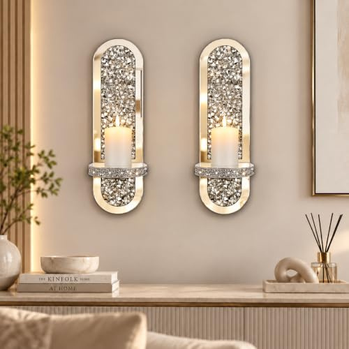 SERENA'S ® Elegant Silver Mirrored Oval Candle Sconce with Scattered Diamond Accents – Wall-Mounted Glittering Decorative Candle Holder for Living Room, Bedroom, or Dining Room Home Decor- set of 2