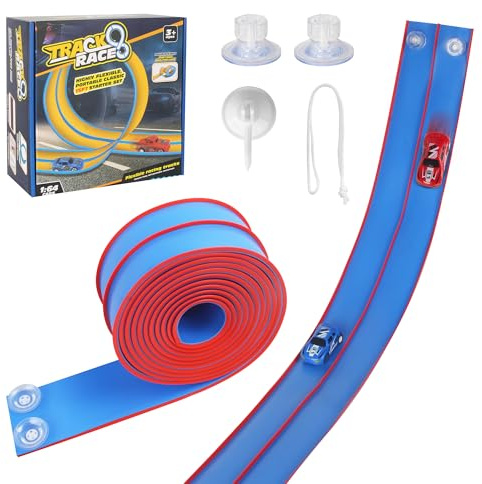 Juego de pistas de carreras flexibles para niños de 4,5 metros, hipódromo flexible para niños, Hot Wheels, pista de carreras portátil Hot Wheels con rampa doble, adecuada para niños