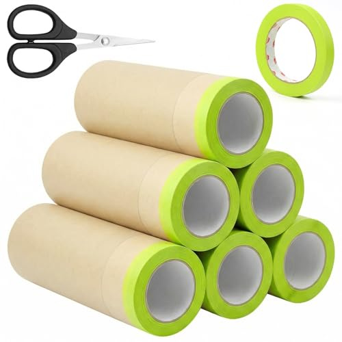 6 rollos de papel de enmascarar para pintar, 30 cm × 15 m, película de enmascarar precintada para rociar pintura automotriz, papel de enmascarar con tijeras y cinta adhesiva para marco de pared de