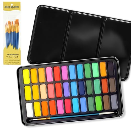 flintronic 36 Watercolour Paint Set, Portable Box Including, Watercolor Brushes 36 Blocks for Artists and Hobbyists, Black Metal Lid