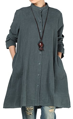 Vogstyle Women's Autumn Cotton Linen Full Front Buttons Shirt Dress with Pockets XX-Large Dark Green