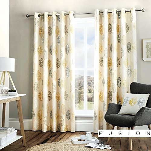 Fusion Home Furnishings Skandi Leaf Vorhänge mit Ösen, 1 Paar, 100% Baumwolle, Ocker, 117 x 183cm