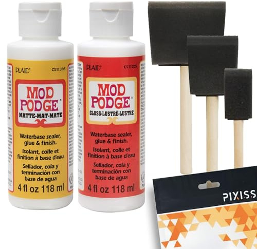 Mod Podge Decoupage Starter Kit, Gloss and Matte Medium with 3 Pixiss Foam Brushes, Waterproof for Puzzles, Wood and More