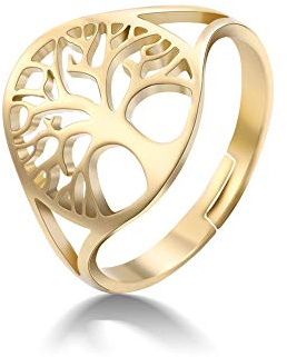 Bague Femme Ouverte Plaqué Or en Acier Inoxydable Forme Arbre de Vie