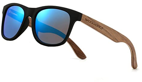 WOODONLY Occhiali da Sole Polarizzati in Legno Retrò - Montatura in Legno con Finitura Opaca in Stile Moderno per Uomo e Donna Regali Perfetti (Blu, Noce)