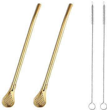 2 filtros de cuchara de paja de acero inoxidable con 2 cepillos de limpieza, cuchara de té reutilizable para té suelto, pajita de yerba mate, pajitas de metal, agitadores de café para bebidas (dorado)
