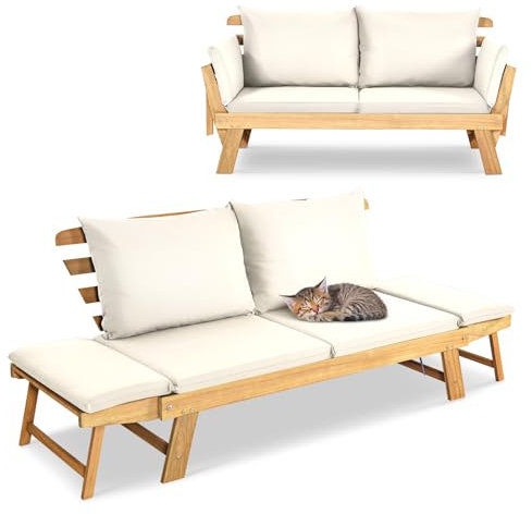 GIANTEX Liegesofa mit klappbaren Seitenlehnen, Gartenbank Sitzbank mit Auflagen, Sonnenliege Gartenliege aus Akazienholz, Multifunktionsbank Balkonbank Parkbank Gartenmöbel (Beige+Natur)