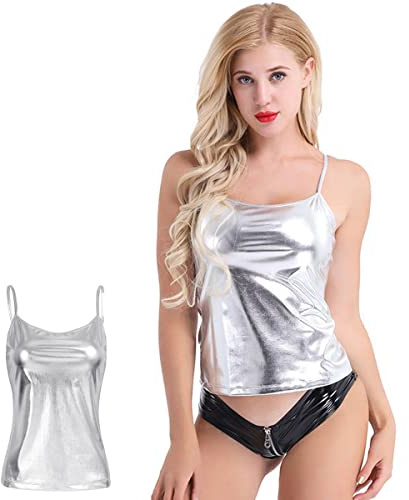 SamHeng Camiseta sin mangas brillante para mujer, camisa sexy metallica sin mangas, chaleco sólido básico Top con tiras diarias Halter Tank Tops Blusa Camisas para fiesta de club nocturno