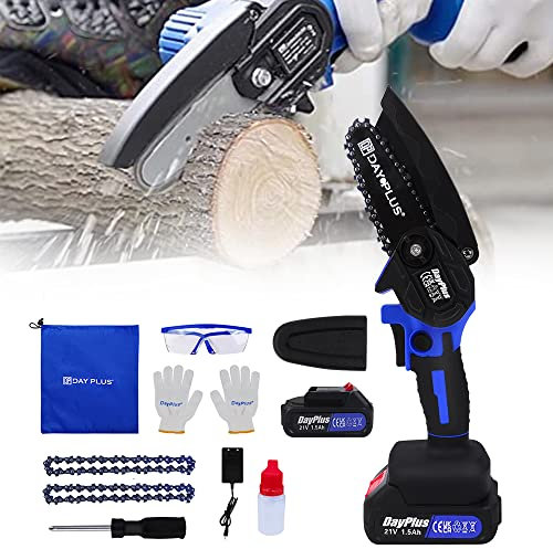 Mini Tronçonneuse à Batterie, 4 Pouces Tronçonneuse Électrique Sans Fil, Brushless Scie à Chaîne Sans Fil avec 2 Chaînes, Batterie et Chargeur, pour la Coupe du bois, l'élagage le Jardin