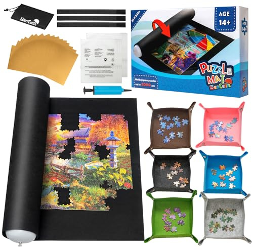 Sancaliie Puzzlematte Rolle Puzzleaufbewahrung Filzmatte Jigroll bis zu 2000 Teile mit 6 bunten Tabletts, Puzzle-Spieler, Geschenkbox mit Kordelzug-Aufbewahrungstasche, 3 Gummibänder, Handpumpe