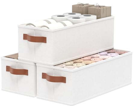 OUTBROS 3 Pezzi Scatole Portaoggetti, Organizzatore Contenitori per Armadio , Cestini Pieghevole con Maniglia per Riporre, Vestiti, Libri, 38x15.5x13 cm, Bianco