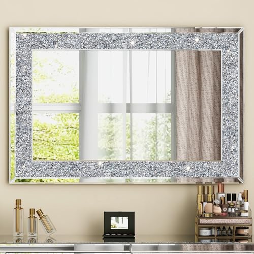 SHYFOY Stor kristallspegel, 90 x 60 cm (35 x 24 tum), väggspegel för badrum, hall, vardagsrum, fantastisk heminredning i silver