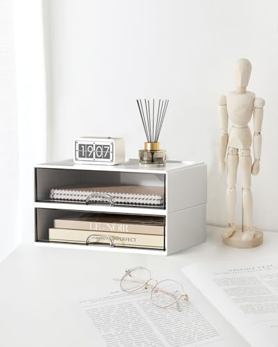 SOSINYA Organizador de escritorio con cajón, caja de almacenamiento, organizador de suministros de oficina de plástico para oficina, escuela, casa, apilables, para pen, maquillaje (B)