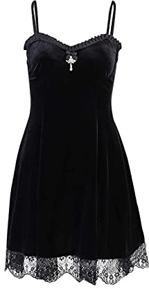 XKBHYD Robe gothique pour femme - En velours - Bretelles spaghetti - Dos nu - Sexy - Mini robe d'Halloween - Robe de fête - Robe décontractée, Noir , XXL