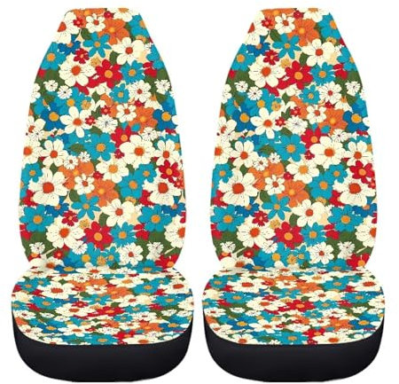 Xoenoiee Colorful Hippie Dasiy Flower Print Car Seat Covers Set with Elastic Strap, Breathable Seat Covers for Cars, Universal Fit Polyester Seat Cover Interior Covers for Most Cars