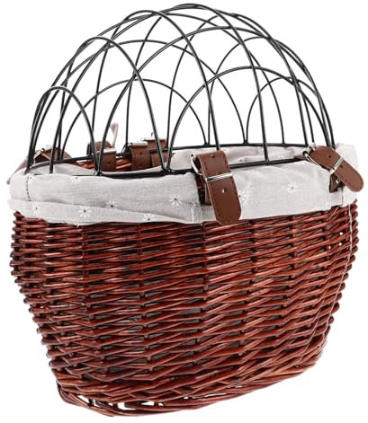 BUGUUYO Wicker Bike Basket for Dogs and Cats Front Detachable Pet Carrier with Wire Mesh Cover Brown Rattan Bicycle Basket for Shopping and Commuting