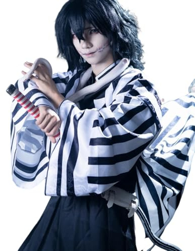 CR ROLECOS Iguro Obanai Cosplay Anime Costume, tenue d'Halloween, uniforme Kimono à rayures, ensemble complet taille XL