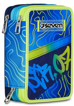 Seven Astuccio Scuola Elementare, 3 scomparti, Medie, con Matite, Pennarelli, Penne, 3 Zip, Nuanced Blue, Bambino, Ragazzo, giallo/blu