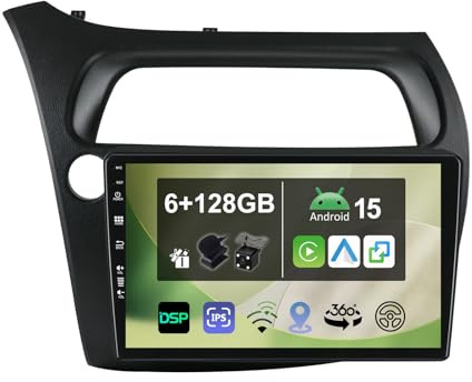 9 [6G+128G] Android 15 Radio Coche para Honda Civic 2006-2011 con Carplay|Android Auto|DSP|Mirror Link-GPS Navi Navegador Radio con Bluetooth 5.0/WiFi/4G/FM/360 AHD Cámara
