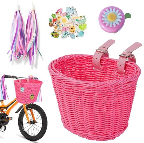 Cykelkorg för barn, avtagbar framkorg, EUBSWA korg fram, korg med klockor, serpentiner, tillbehör för cykelkorg för flickor (rosa cykelkorg - 1)