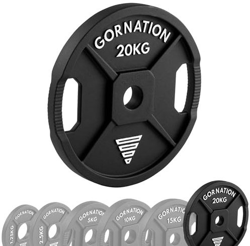 GORNATION Discos de Pesas 50 mm de Hierro, Discos Olímpicos para Barra y Mancuernas, Weight Plates con Agarres, Set de Pesas para Fuerza, Fitness y Calistenia (1, 20kg)