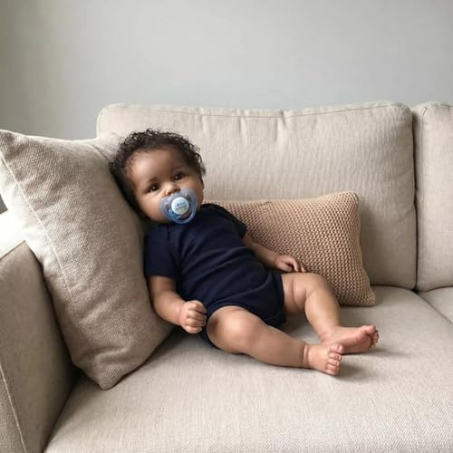 Lonian Black Reborn babydockor verklighetstrogna dockor, silikondockor, svarta reborn-dockor, afroamerikansk nyfödd av brunt läder med tillbehör (blå kläder)