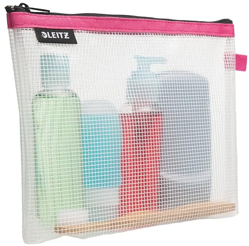 Leitz WOW Traveller Zip-Kosmetiktasche, Transparent, Wasserabweisend, Ideale Waschtasche für unterwegs, Maße (BxHxT): 24 x 17 x 3 cm, Pink, 40140023