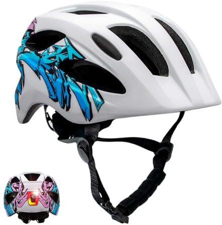 Crazy Safety Bicicleta para Niños | Casco Ajustable 49-55 cm con Luz Trasera Recargable USB para Skate y Ciclismo, 6-12 Años (Azul/Blanco)