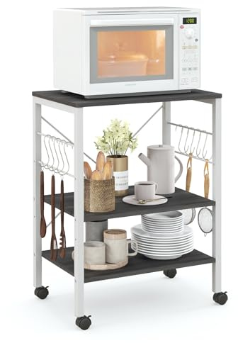 COSTWAY 3-Tier Rolling Baker’s Rack, Kitchen Storage Shelf with Lockable Wheels and Removable Hooks, Industrial Metal Frame Serving Cart for Home Office (2 Adjustable Shelves, Dark Brown)