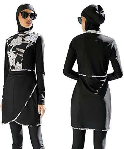 Muslim Swimsuits for Women Modest Islamic Arabic Swimwear Burkini Full Cover Hijab Long Sleeve Muslim Dress Top + Pants Set with Cap Sun Protection Rash Guard Bathing Suits Black Floral - Skirt Hem XL