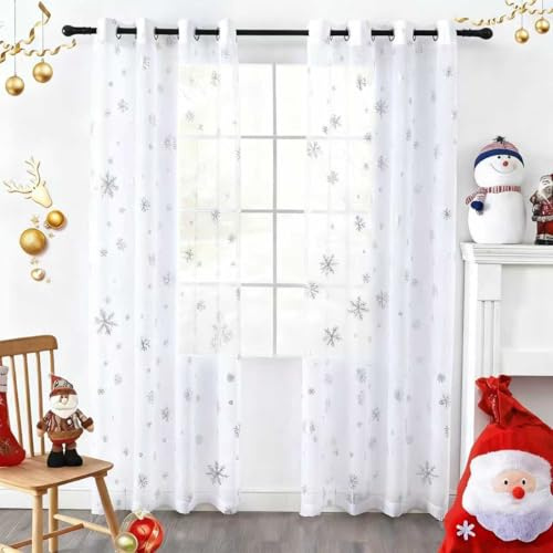 youleyar Snowflake Christmas Sheer Curtains, Luxury Silver Foil Print Voile Sheer Curtains, Metallic Bronzing Treatment Pair for Holiday Window Decoration, Living Room, Set of 2 Panels White 52Wx63L
