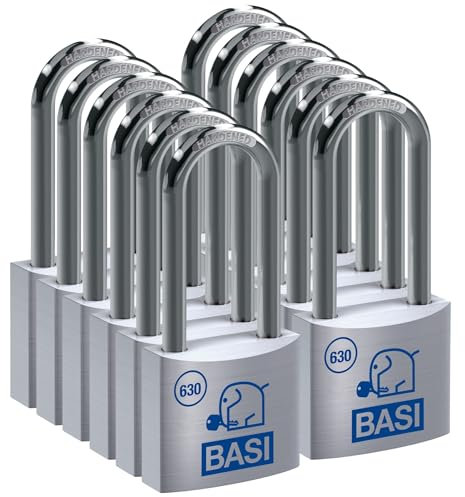 BASI | 12er Set Vorhangschloss | 40 mm | gleichsperrend | hoher Bügel | massives Aluminium-Gehäuse | gehärteter Stahlbügel | sicheres Vorhängeschloss gleichschließend | Bügelstärke 6 mm | 12 Stück