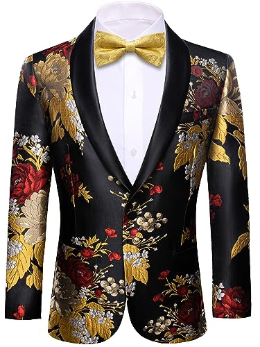 Barry.Wang Men's Sport Coats & Blazers Black Peony Tuxedo One Button Lightweight Suit Jacket Regular Fit Wedding Casual