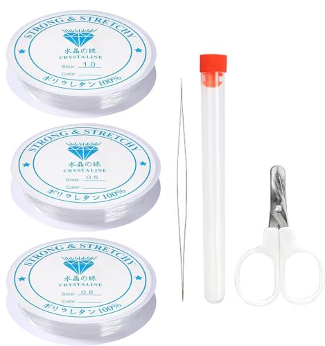 Fil Élastique Résistant pour Bracelet - 3 Rouleaux Transparent 0.5mm 0.8mm 1mm en Nylon - Avec Ciseaux et Aiguille à Perles pour Fabrication de Bijoux