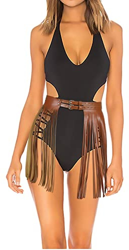 JasGood Cinturón de piel sintética con flecos punk para mujer, cinturón de falda de borla para mujeres y niñas para falda vestido vaquero pantalones bikini club fiesta, Marrón (Borla 40CM, M:115 cm