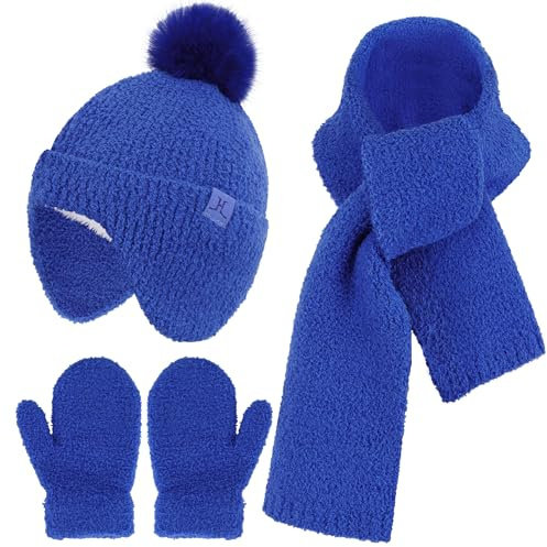 Bequemer Laden Niños Invierno Gorro Pompones Guantes Bufanda Conjunto Regalo Bebe para 0 6 12 Meses 1 2 3 4 Años Niñas Niños con Orejeras Cálidas