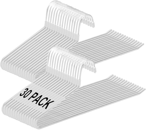 devesanter Lot de 30 cintres en métal chromé à extrémité ouverte, durable, anti-rouille, revêtement antidérapant, gain de place, faciles à utiliser pour pantalons, jeans, pantalons (blanc)